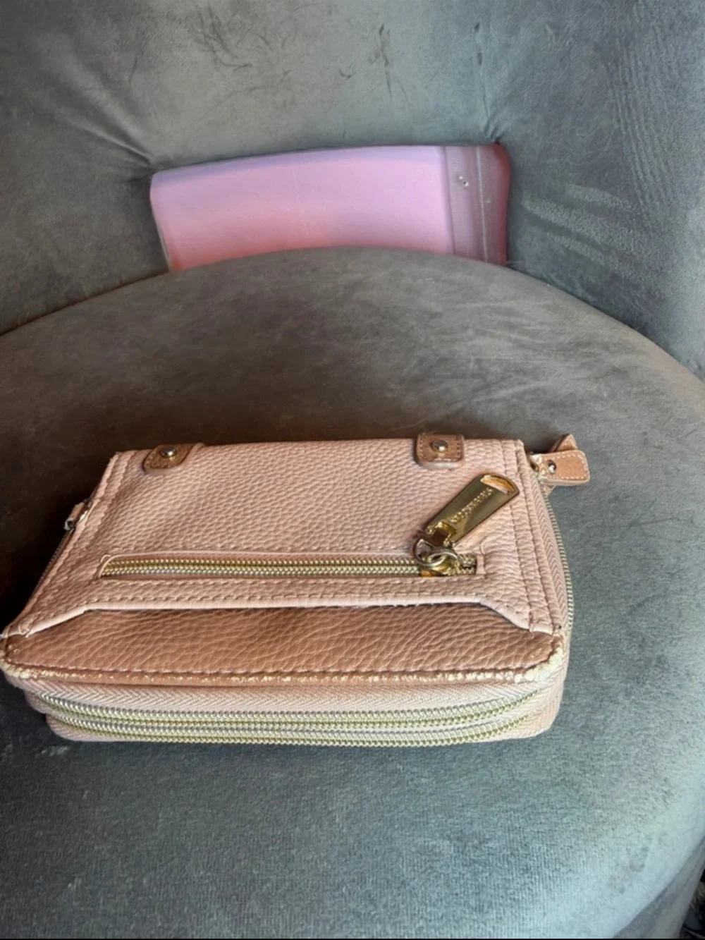 Steve Madden Beige Taupe Double Zip Around Wallet Gold Hardware